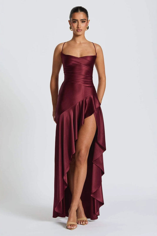 Satin Spaghetti Strap Cowl Neck Ruched High Low Ruffle Maxi Formal Dress