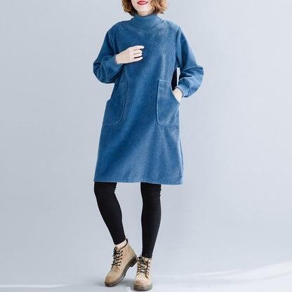 Corduroy Mock Neck Patch Pocket Ribbed Cuff Tunic Dress
