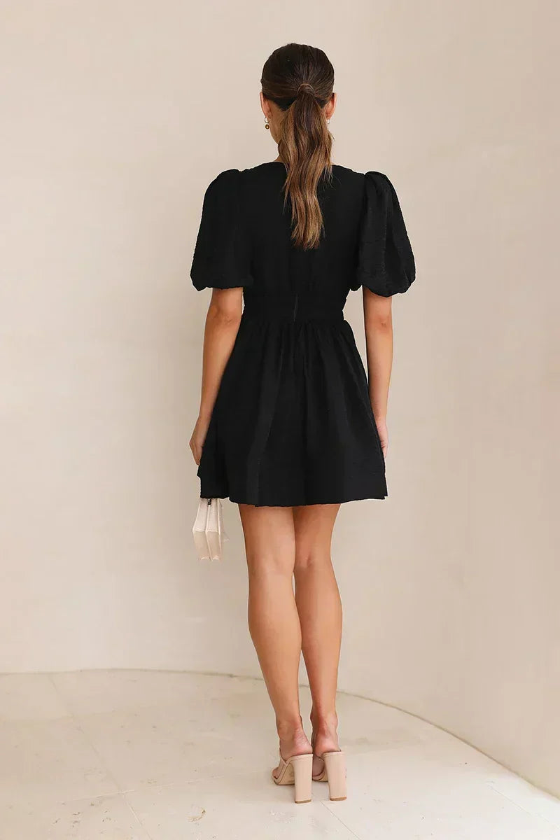 Deep V-Neck Puff Sleeve Smocked Waist Textured Fit and Flare Mini Dress