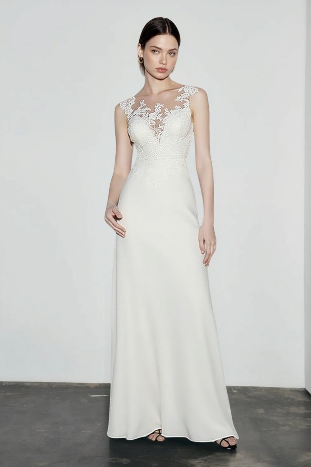 Floral Lace Applique Illusion Sweetheart Bodice Sheath Floor Length Gown