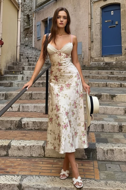 Sweetheart Lace Trim Spaghetti Strap Floral Satin Midi Slip Dress