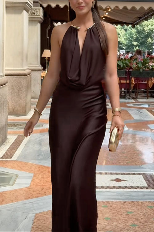 Halter Cowl Neck Backless Satin Maxi Party Dress