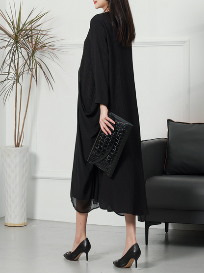 Deep V-Neck Crinkle Gauze Handkerchief Hem Oversized Long Sleeve Midi Dress