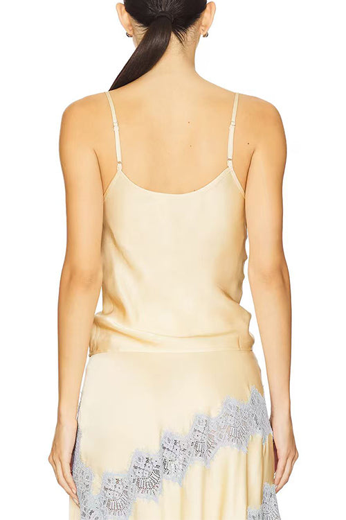Adjustable Strap V Neck Lace Trim Satin Top