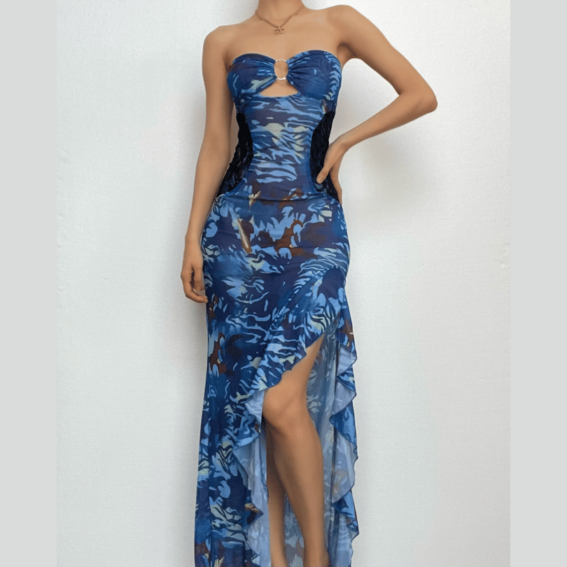 Abstract Print Strapless O-Ring Lace Panel Ruffle High Slit Maxi Dress