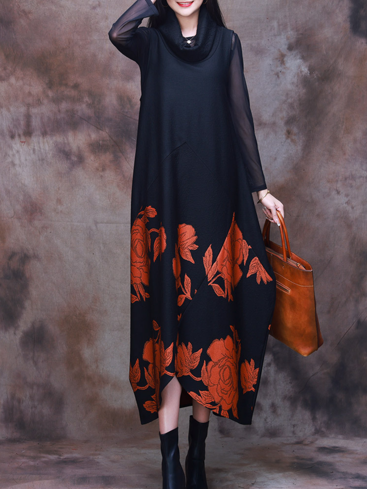 Cowl Neck Long Sleeve Floral Print Panel Oversized Maxi Dress