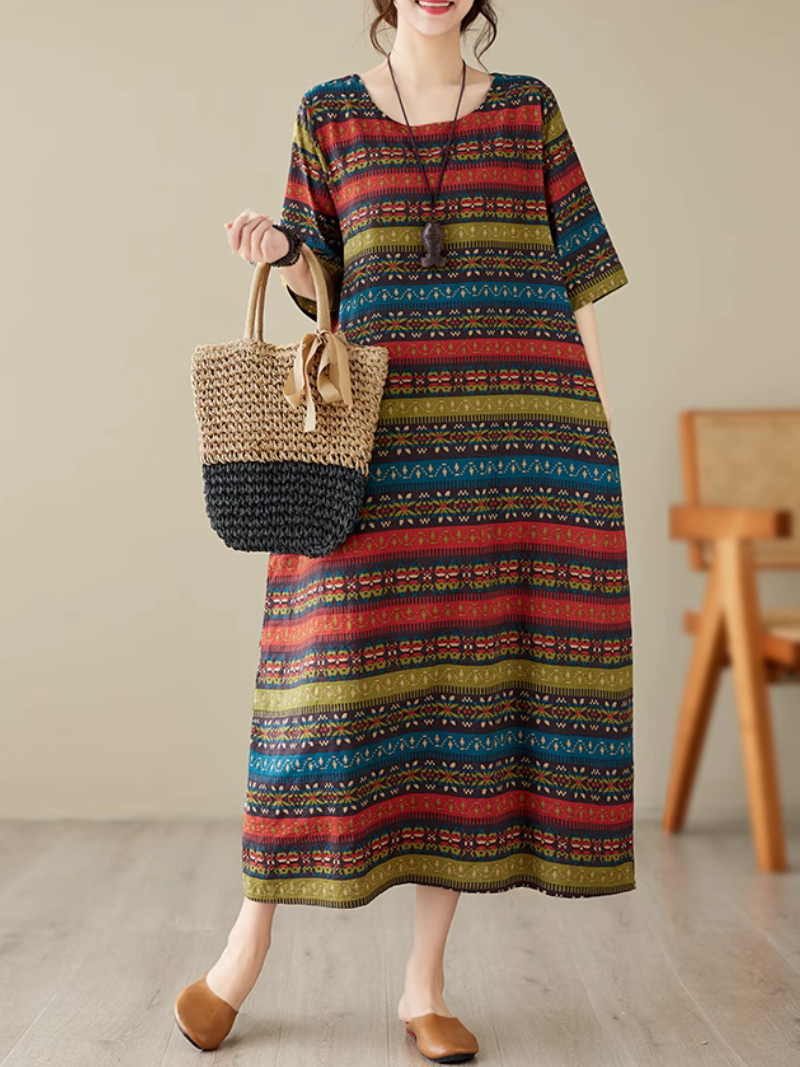 Round Neck Elbow Sleeve Geometric Print Relaxed Midi Dress