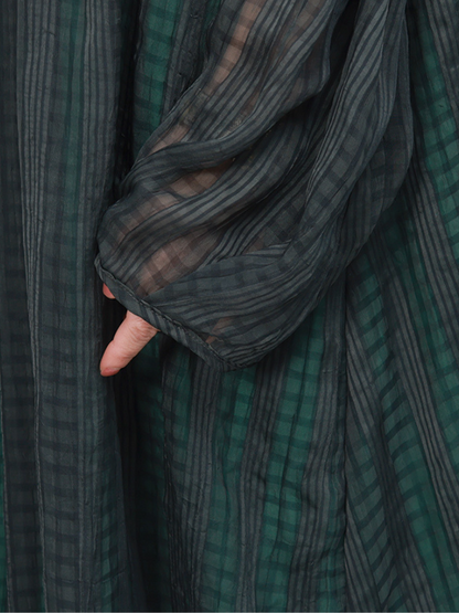Ruffled Collar Button Placket Bishop Sleeve Tiered Pleated Stripe Maxi Dress