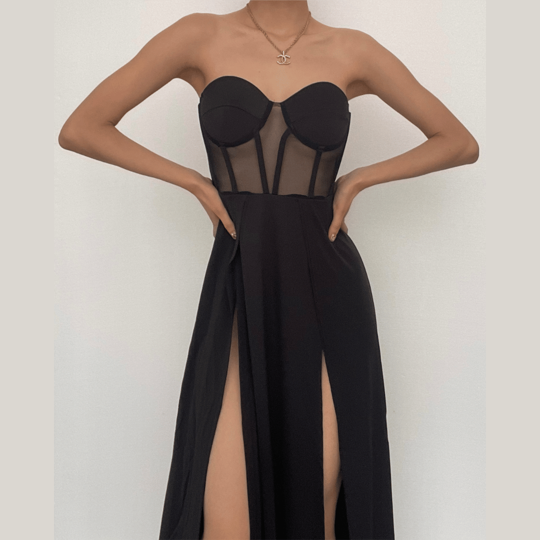 Strapless Sweetheart Corset Mesh Panel Double Slit Maxi Dress