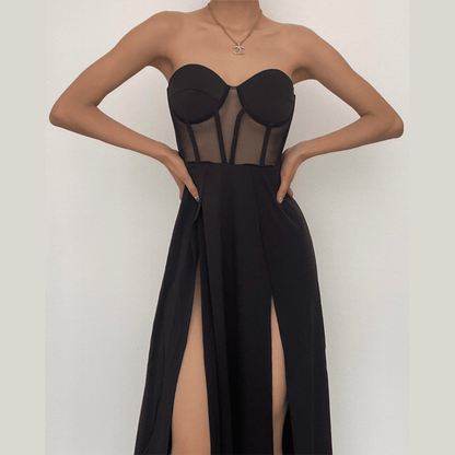 Strapless Sweetheart Corset Mesh Panel Double Slit Maxi Dress