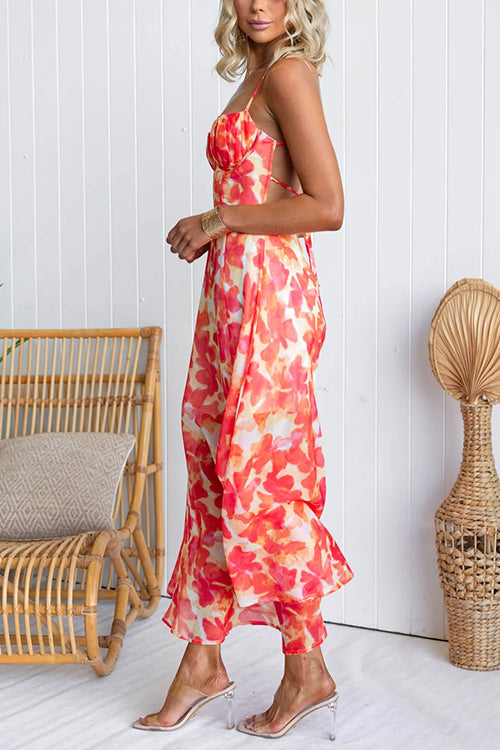 Sunset Watercolor Tie Back Slit Maxi Cami Dress