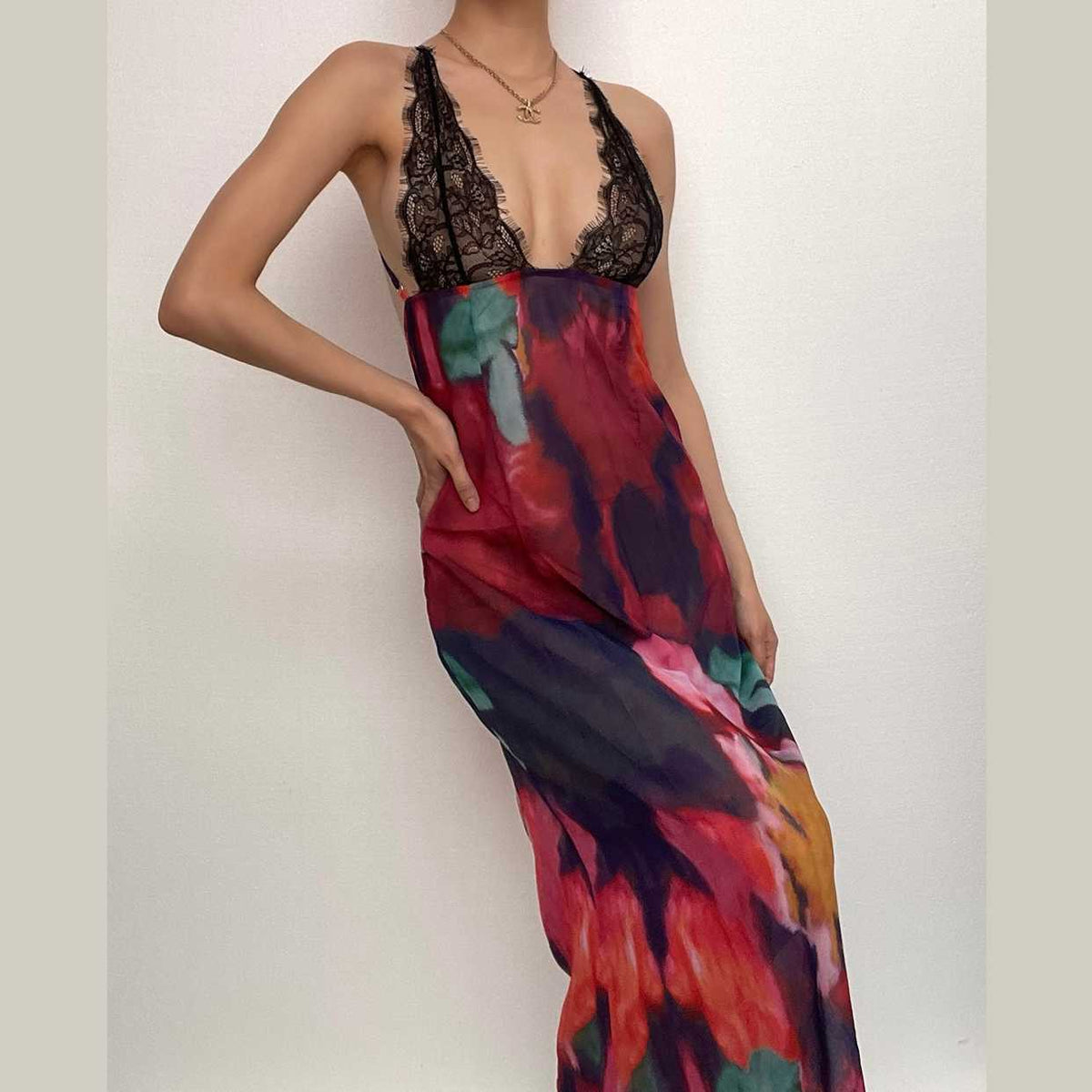 Lace Bodice Plunge V Neck Abstract Floral Maxi Dress