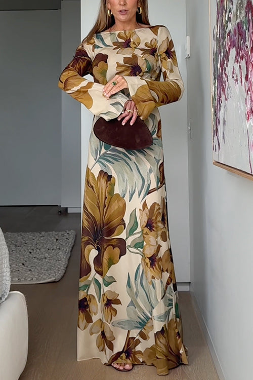 Bell Long Sleeves Open Back Floral Print Maxi Dress