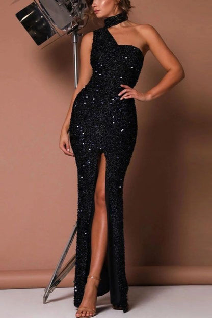 Sweet Strapless Sequin High Waist Black Long Sequin Dress