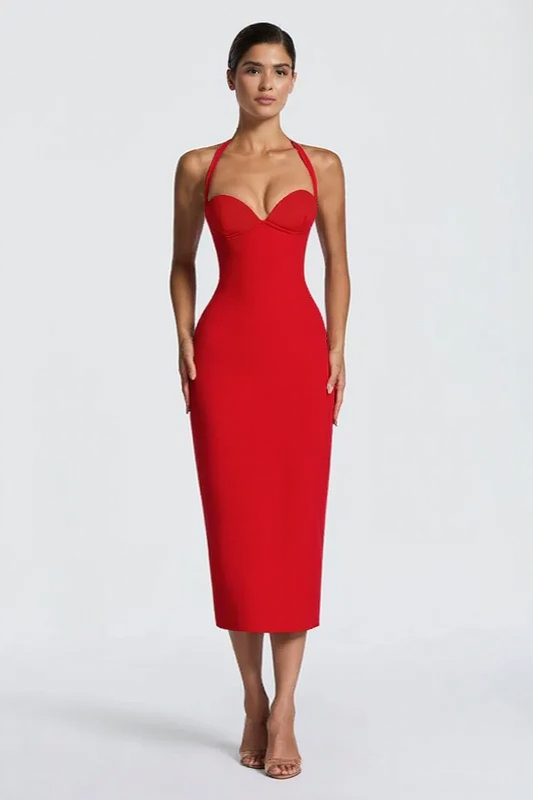 Halter Sweetheart Bustier Bodycon Midi Dress