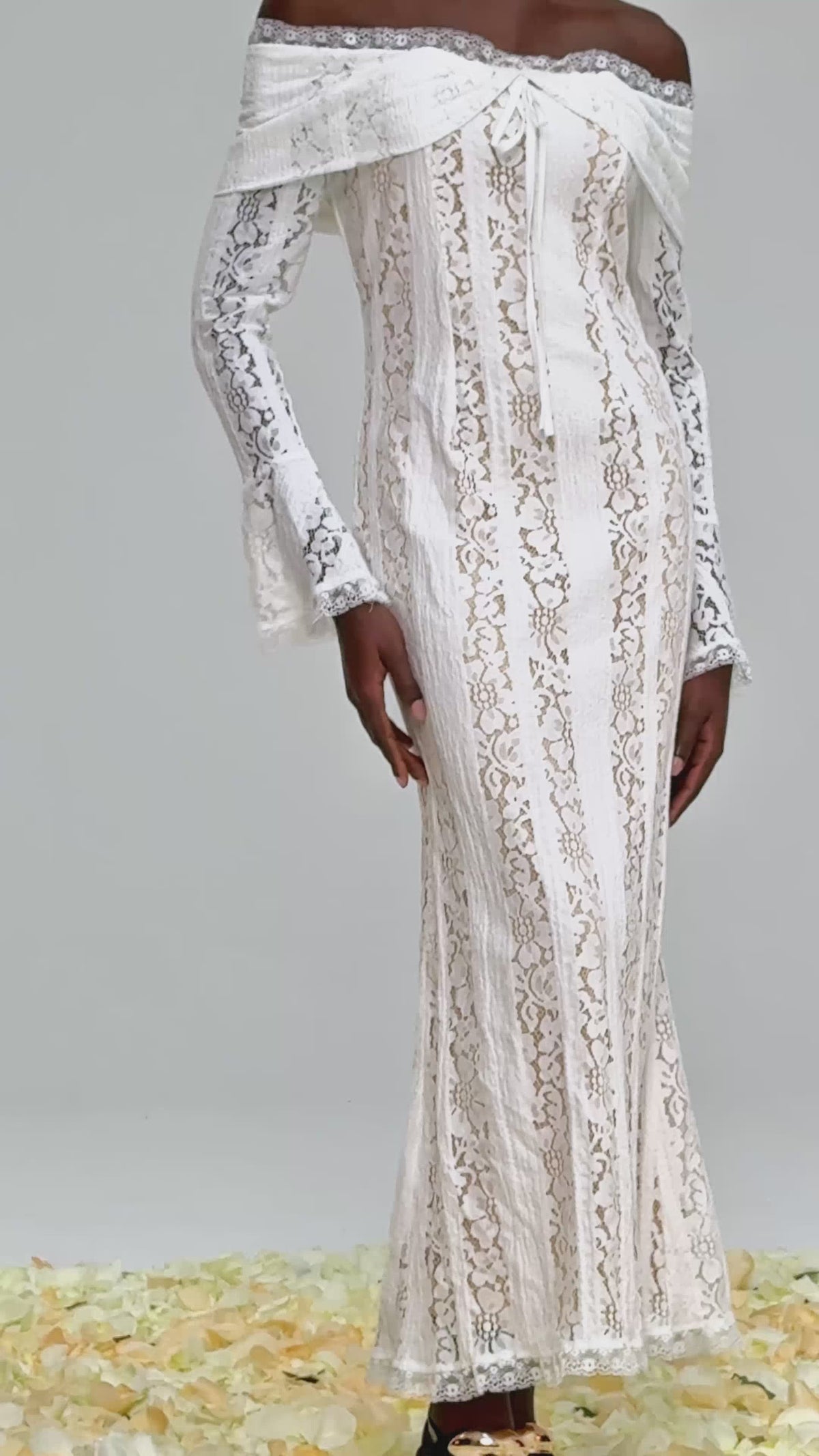 Off Shoulder Lace Up Front Bell Sleeve Floral Lace Panel Column Maxi Gown