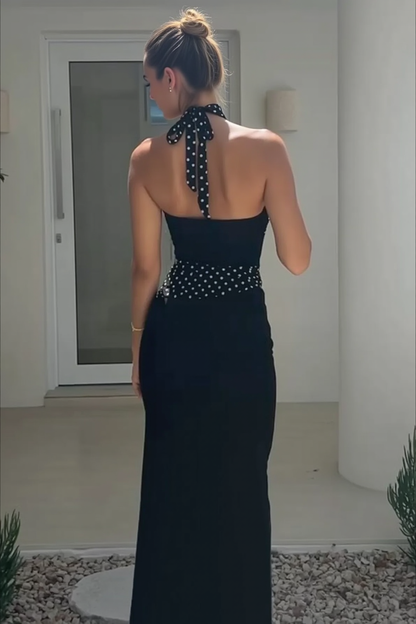 Polka Dot Band Sweetheart Twist Halter Bodycon Maxi Dress