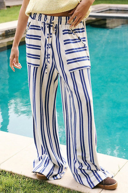 Beach Style Striped Drawstring Wide Leg Pants