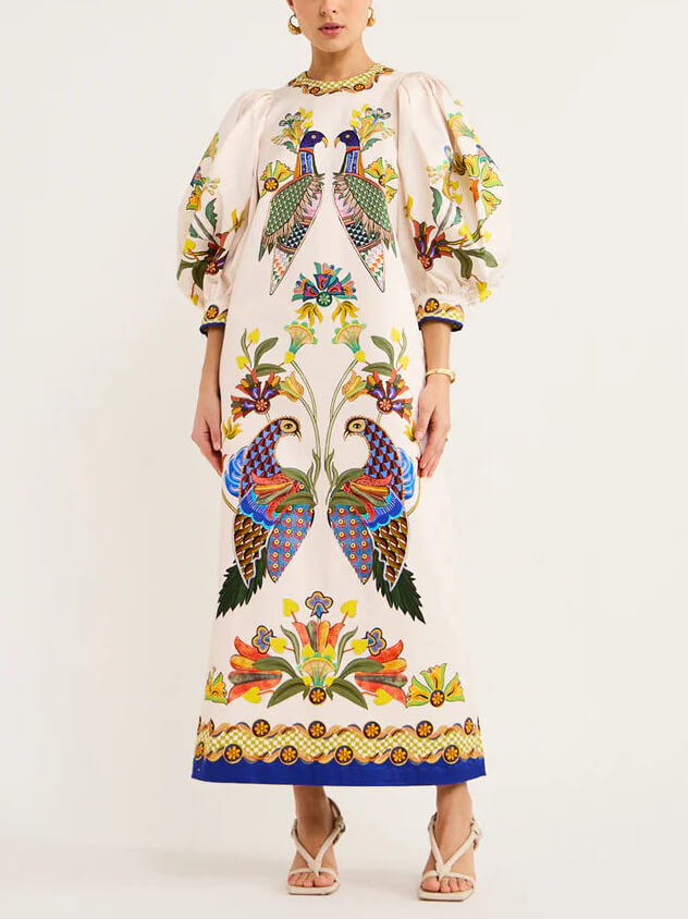 Bird Print Puff Sleeve Round Neck Tie-Waist Border Trim Midi Dress