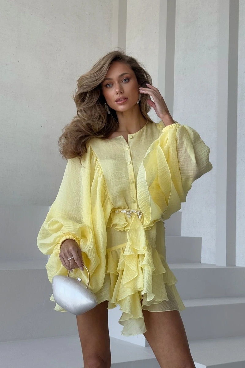 Round Neck Button Ruffle Bell Sleeve Mini Dress