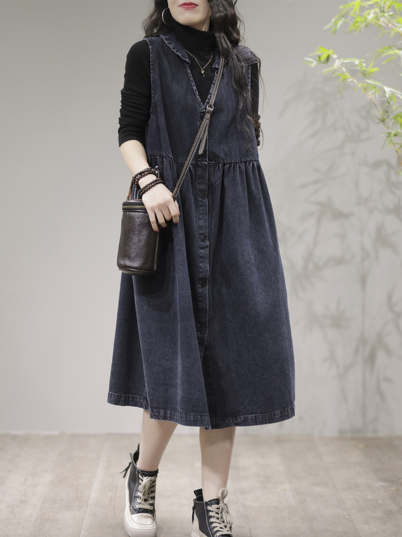 Deep V Neck Button Front Gathered Waist Denim Pinafore Midi Dress