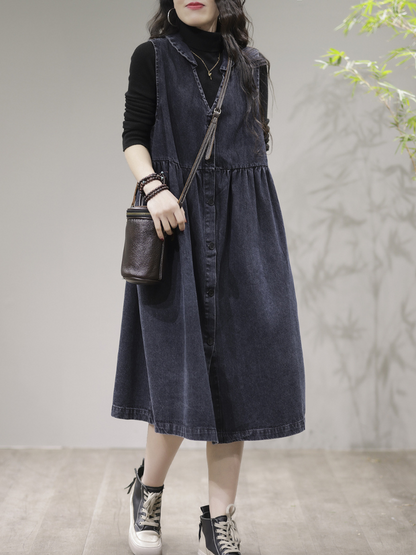 Deep V Neck Button Front Gathered Waist Denim Pinafore Midi Dress