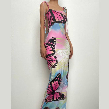 Butterfly Print Ruched Backless Halter Contrast Maxi Dress