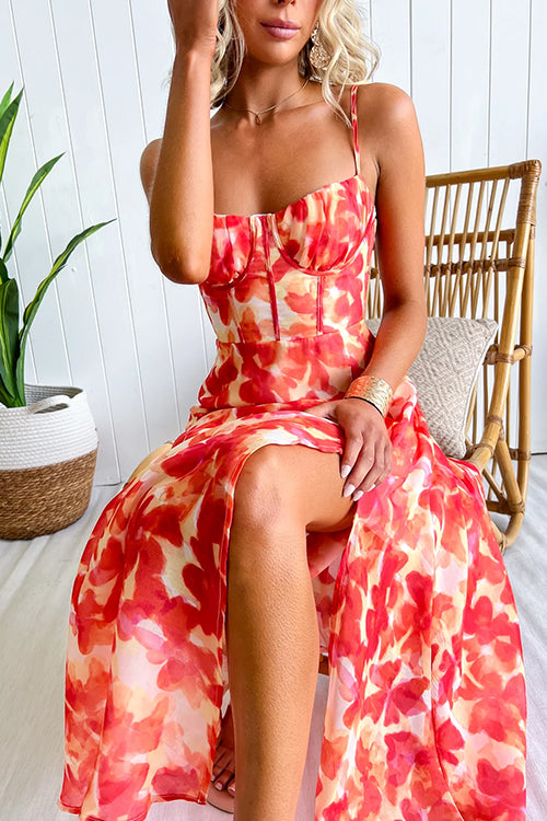 Sunset Watercolor Tie Back Slit Maxi Cami Dress