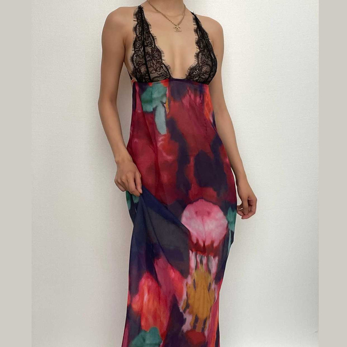 Lace Bodice Plunge V Neck Abstract Floral Maxi Dress
