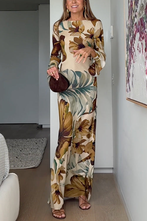 Bell Long Sleeves Open Back Floral Print Maxi Dress
