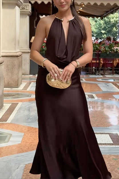 Halter Cowl Neck Backless Satin Maxi Party Dress