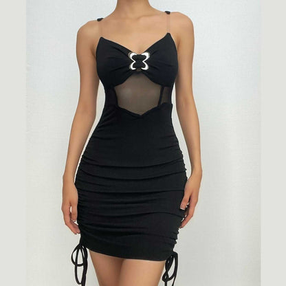 Sweetheart Mesh Panel Butterfly Ring Clear Strap Ruched Mini Dress