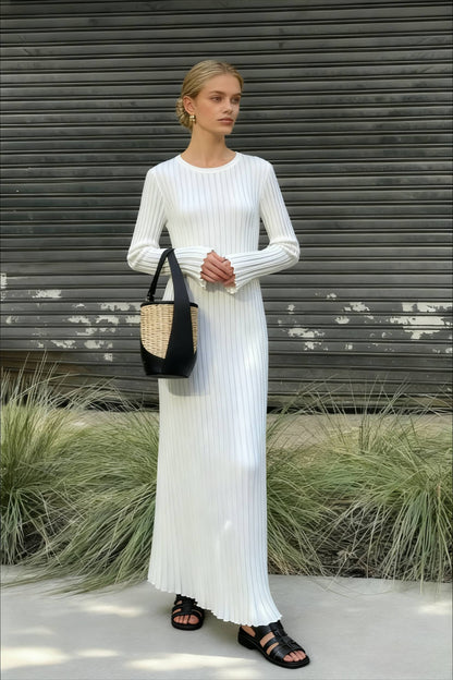 Ribbed Knit Crew Neck Long Sleeve Ruffle Cuff Maxi Dress