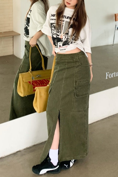 American Utility Denim Slit Midi Skirt