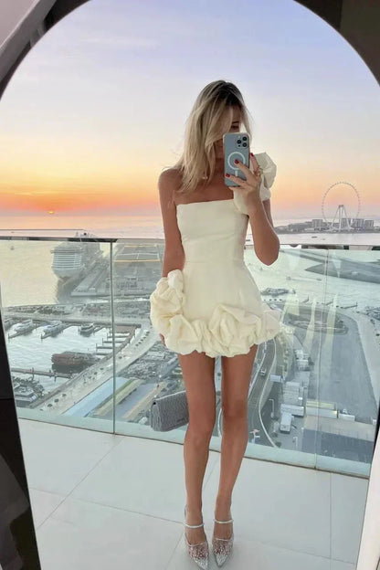 3D Rosette One-Shoulder Strapless Ruffled Floral Mini Dress