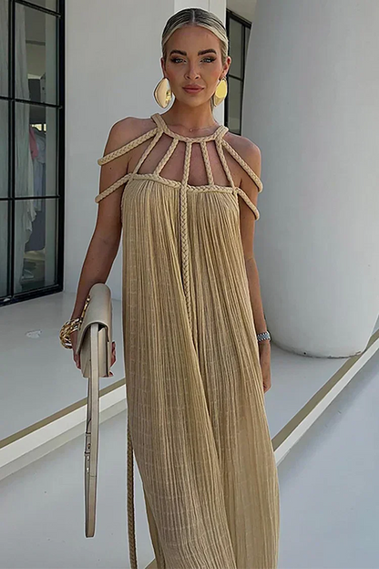 Pleated Plisse Braided Rope Halter Cage Neck Maxi Dress