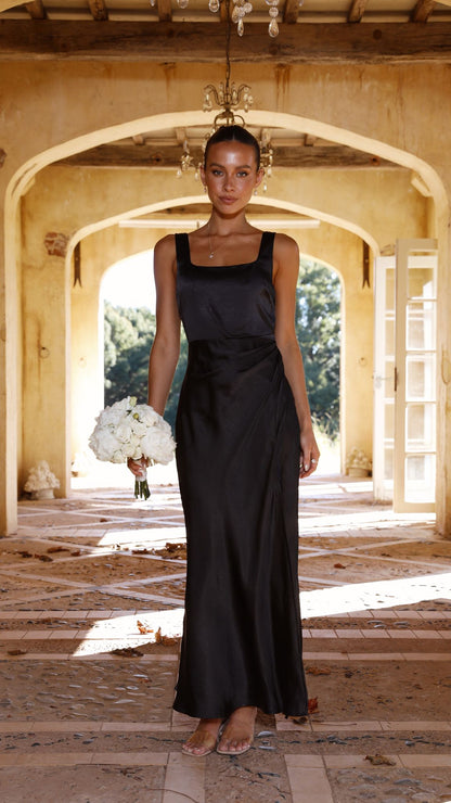 Satin Tank Strap Square Back High Slit Slip Maxi Dress
