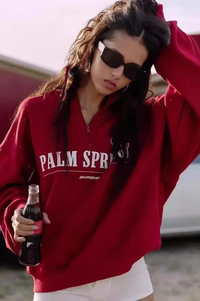 Letter Print Half Zip Hoodie