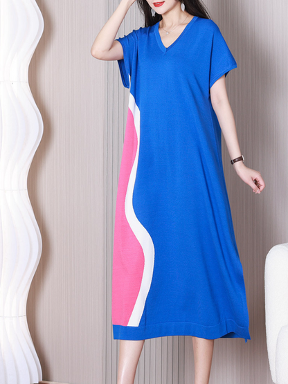V-Neck Colorblock Abstract Wave Knit Side Slit Maxi Dress