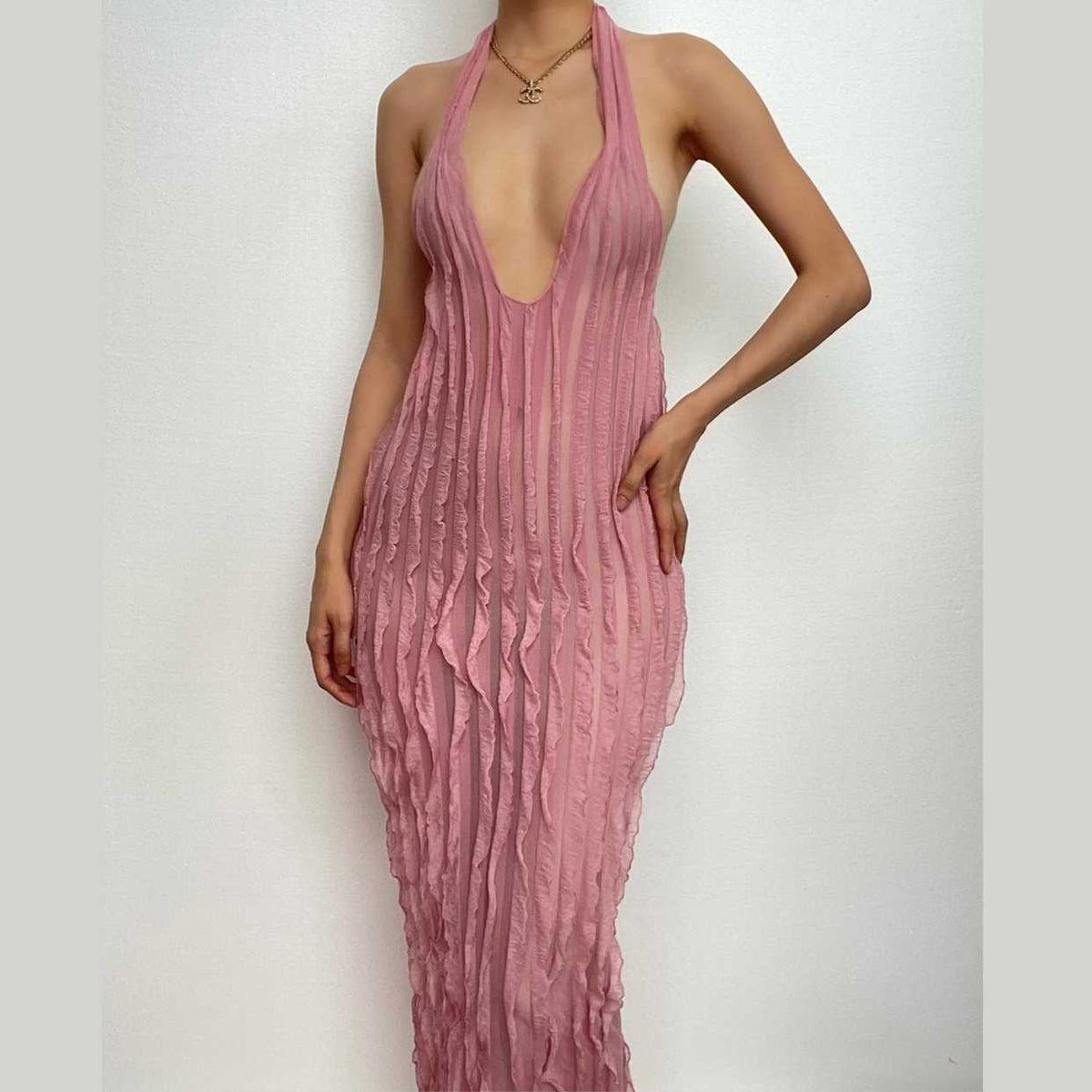 Halter Deep Plunge U Neck Vertical Ruffle Mesh Bodycon Maxi Dress