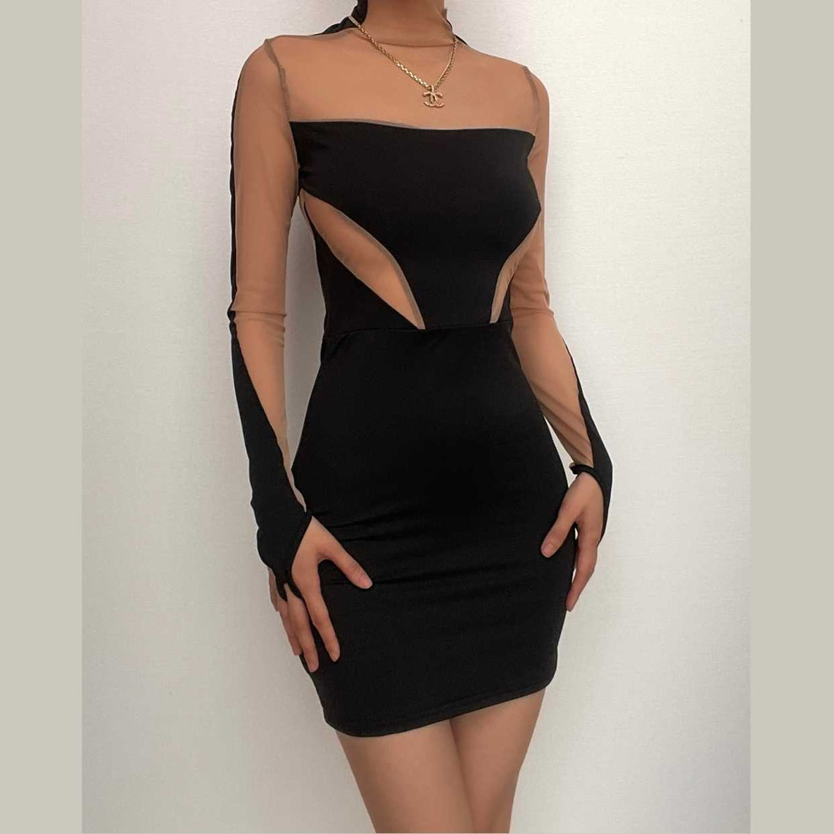 Mock Neck Contrast Mesh Panel Thumbhole Glove Sleeve Bodycon Mini Dress