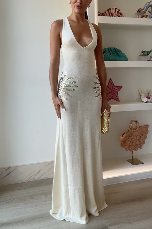 V Neck Sleeveless Knit Maxi Dress with Sequin
