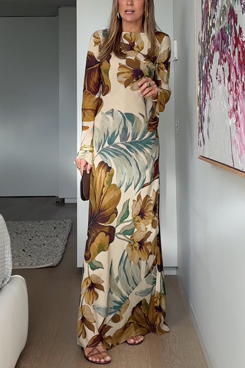 Bell Long Sleeves Open Back Floral Print Maxi Dress
