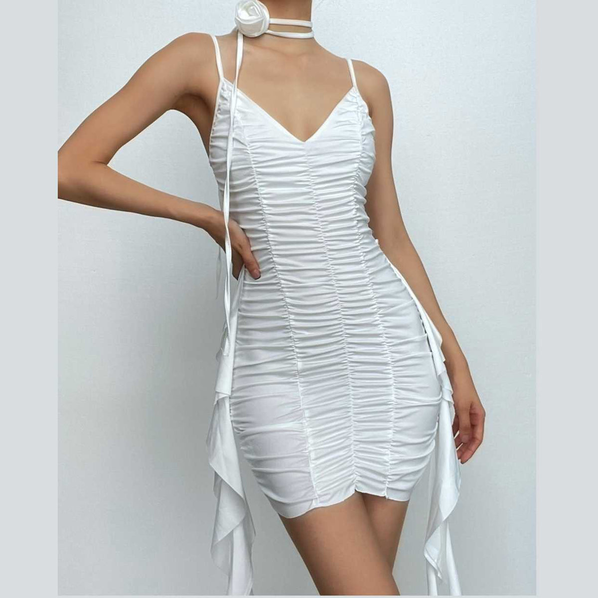 Ruched Deep V-Neck Choker Rosette Side Drape Cami Mini Dress