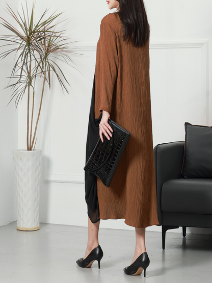 Deep V-Neck Crinkle Gauze Handkerchief Hem Oversized Long Sleeve Midi Dress