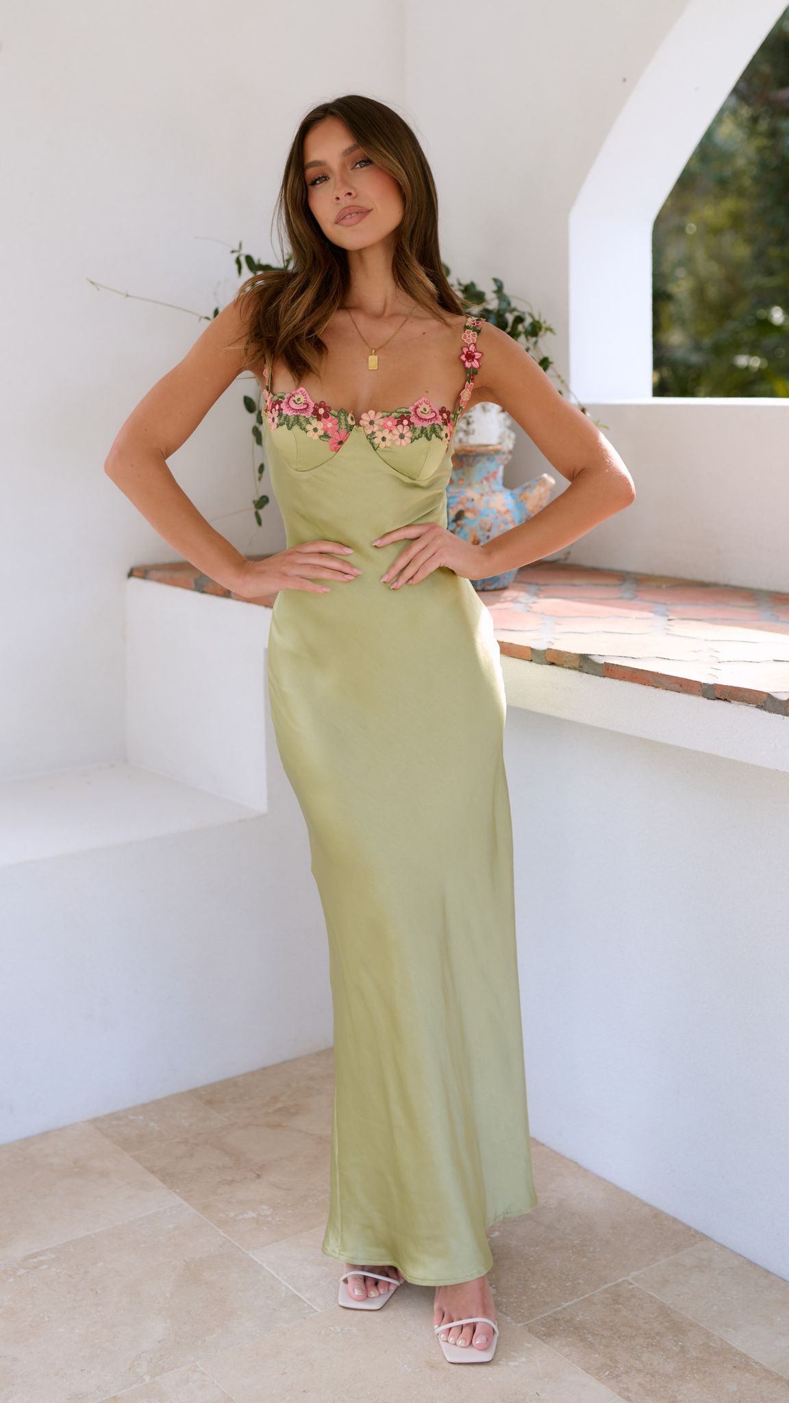 Sweetheart Floral Embroidery Spaghetti Strap Column Maxi Dress