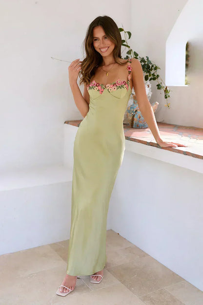 Floral Embroidered Spaghetti Strap Satin Slip Back Zip Side Slit Maxi Dress
