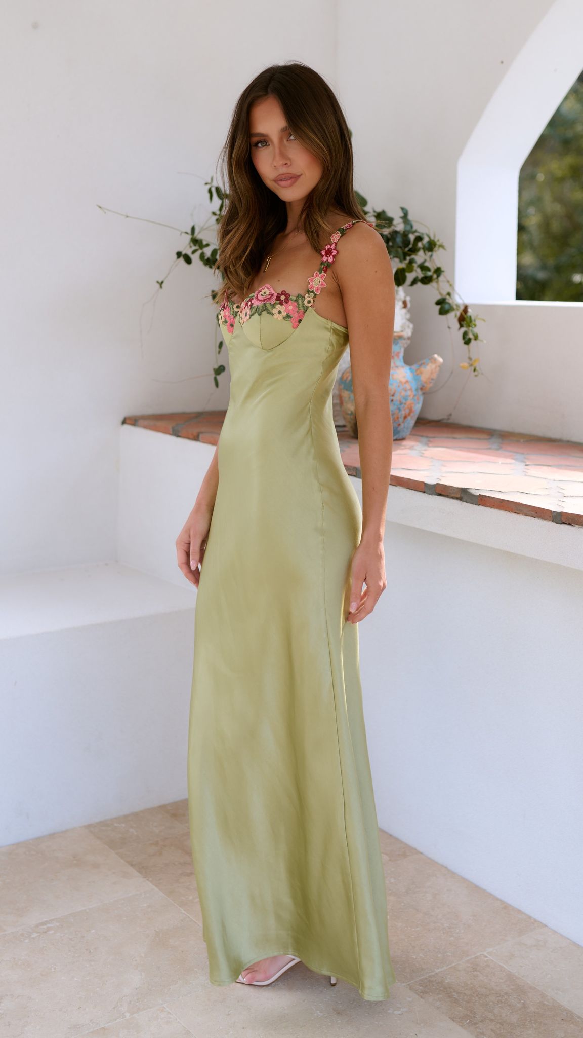 Sweetheart Floral Embroidery Spaghetti Strap Column Maxi Dress