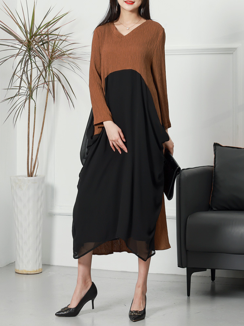 Deep V-Neck Crinkle Gauze Handkerchief Hem Oversized Long Sleeve Midi Dress