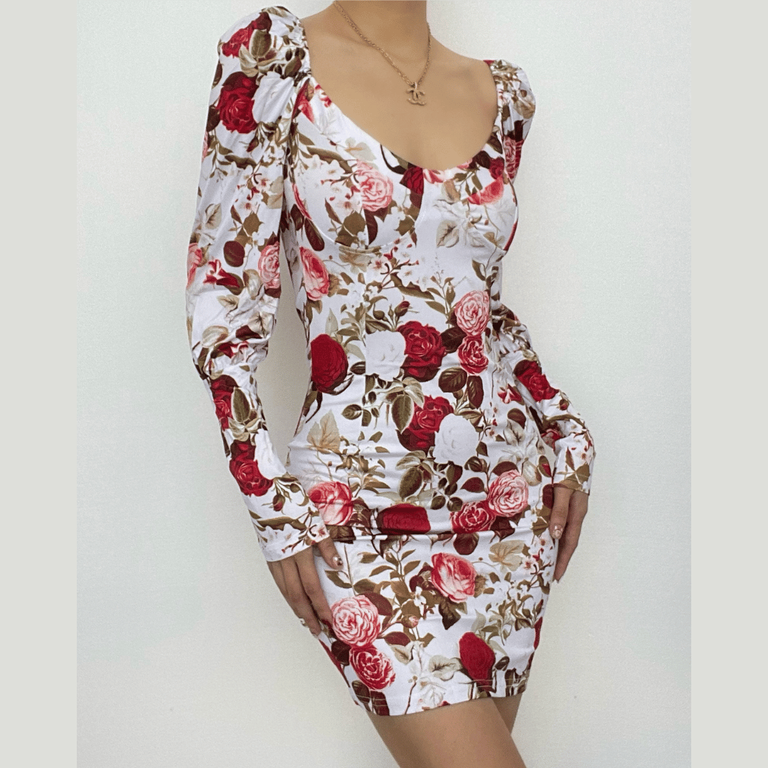 Floral Print Puff Shoulder Long Sleeve Sweetheart Mini Dress